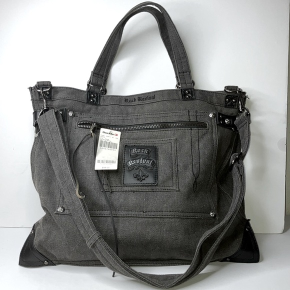 ROCK REVIVAL Aged Black Studded Denim Messenger Crossbody Laptop Bag NWT Unisex - Picture 3 of 9